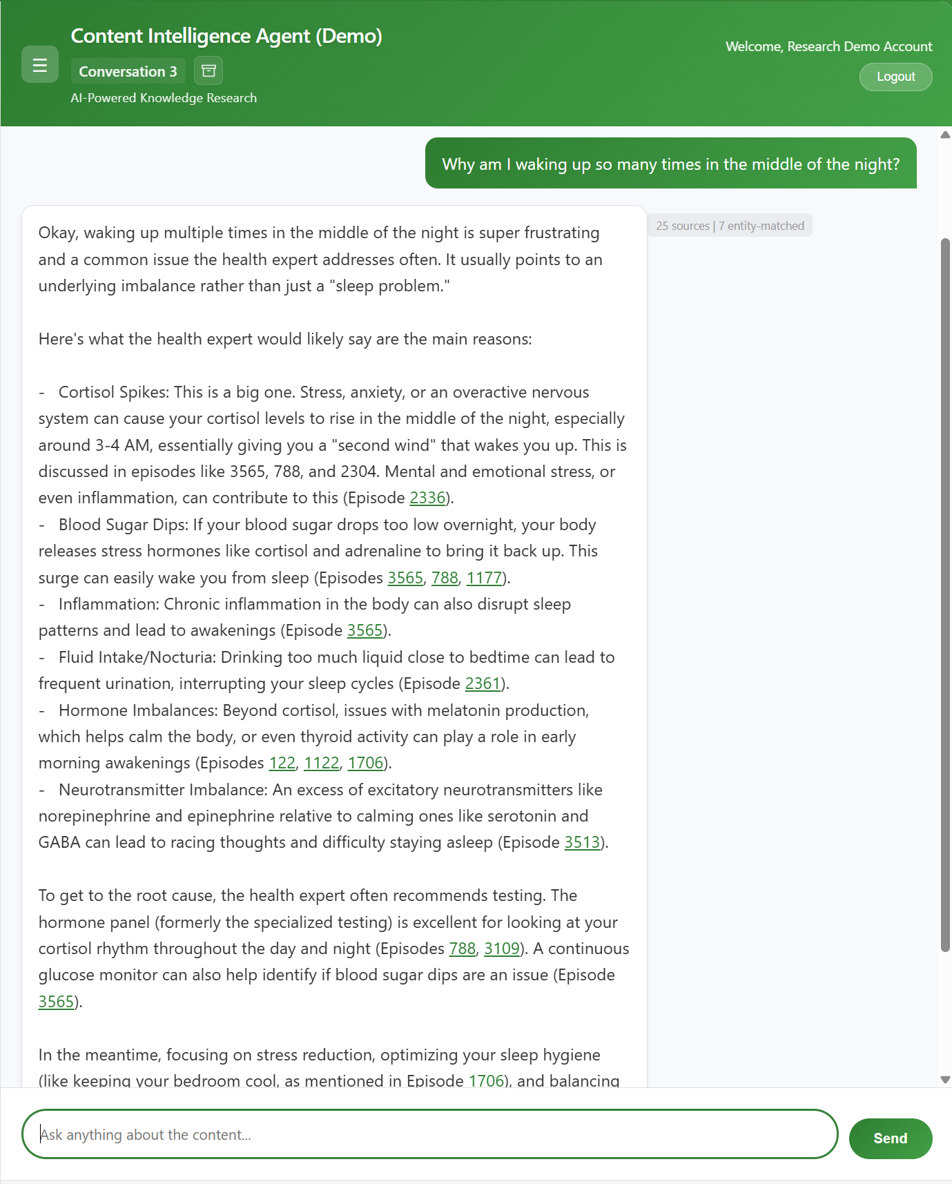 AI Chat Interface showing episode citations
